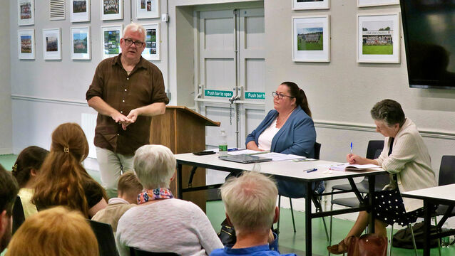 <p>Community Alert Development Officer for Muintir na Tí­re, Pat Duggan, makes a point at the Community Safety Meeting in Kilcullen</p>