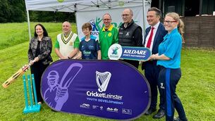 <p>Happier times: at a schools cricket inaugural in 2024, minister for sport Catherine Martin pictured with Stuart Conroy, Halverstown, Anne O'Meara, Cricket Leinster, Jim Hodgson, Halverstown, Syl Merrins, Kildare Sports Partnership,senator Vincent Martin and Naomi Scott-Hayward, Cricket Leinster</p>