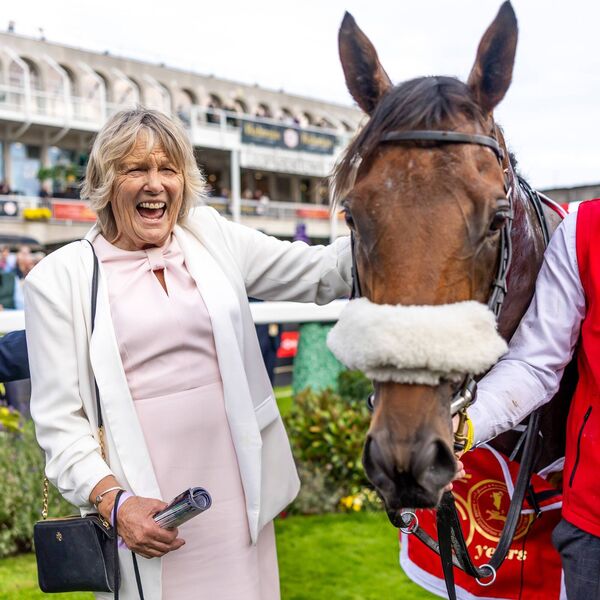 jessica Harrington celebrates after winning The Royal Bahrain Irish Champion Stakes (Group 1) with Hotazhell 
