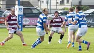 <p>Tullow can only look on as Athy's latest centurion, Criag Miller throws a perfect pass to the oncoming Tom Sheedy for a glorious try. Photos: Aisling Hyland.</p> <p>Tullow can only look on as Athy's latest centurion, Criag Miller throws a perfect pass to the oncoming Tom Sheedy for a glorious try. Photos: Aisling Hyland.</p>