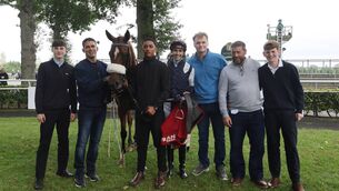 <p>Jockey Scott McCullagh, trainer Danny McLoughlin, after 80/1 shot Syzygy (No.6) won The Denny Cordell Lavarack & Lanwades Stud Fillies Stakes (Group 3) at Gowran Park last Saturday Photo : Lorraine O'Sullivan/Racing </p> <p>Jockey Scott McCullagh, trainer Danny McLoughlin, after 80/1 shot Syzygy (No.6) won The Denny Cordell Lavarack & Lanwades Stud Fillies Stakes (Group 3) at Gowran Park last Saturday Photo : Lorraine O'Sullivan/Racing </p>