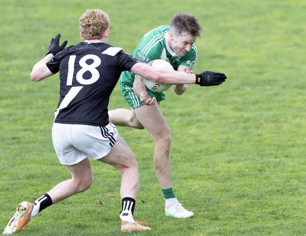 Barry Coffey (Sarsfields) tries to break the challenge of Conor O'Grady (Maynooth) Photo: Sean Brilly Barry Coffey (Sarsfields) tries to break the challenge of Conor O'Grady (Maynooth) Photo: Sean Brilly