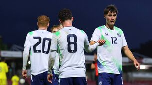 <p>Cathal McCarthy (12) celebrates after Jamie Mullins (8) scored against Kazakhstan in the 2027 UEFA Under 21 European Qualifier at Turner's Cross Photo: ©INPHO/Tom O'Hanlon</p> <p>Cathal McCarthy (12) celebrates after Jamie Mullins (8) scored against Kazakhstan in the 2027 UEFA Under 21 European Qualifier at Turner's Cross Photo: ©INPHO/Tom O'Hanlon</p>