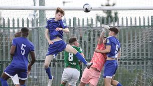 <p>Seamus Brown heads clear for Newbridge Town during their defeat last week to Villa FC. Photo: Noel Browne. </p> <p>Seamus Brown heads clear for Newbridge Town during their defeat last week to Villa FC. Photo: Noel Browne. </p>