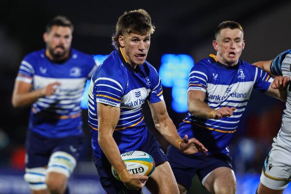 Sam Prendergast was Man of the Match last week and will hope to impress once again when Leinster travel to France on Saturday. Photo: INPHO/Ben Brady