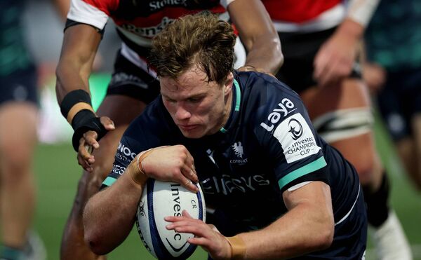 Connacht’s captain, Cian Prendergast scores the second of his two tries as the western province overcame Saracens in Galway. Photo: INPHO/James Crombie Connacht’s captain, Cian Prendergast scores the second of his two tries as the western province overcame Saracens in Galway. Photo: INPHO/James Crombie
