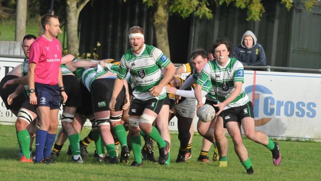<p>Derry Lenehan spreads the play wide after another dominant Naas scrum - a core element of their Hosie Cup semi-final victory over Newbridge on Sunday. 	 Photos: Martin Rowe.</p>