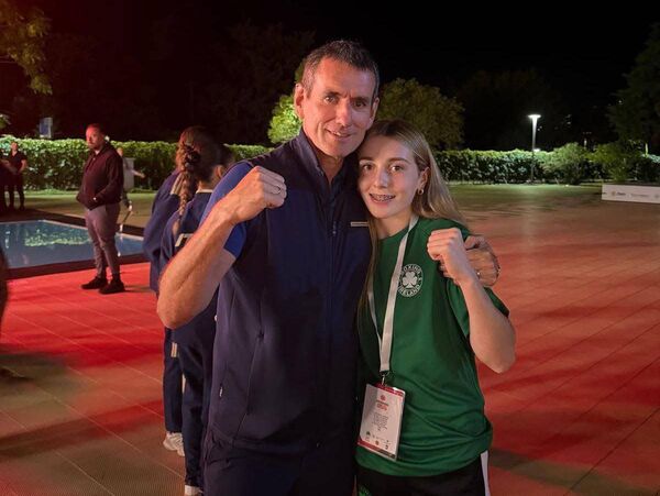 Saoirse Donnelly with her coach, Michael Lambe, who made the trip to Montenegro alongside the Newbridge boxer. Saoirse Donnelly with her coach, Michael Lambe, who made the trip to Montenegro alongside the Newbridge boxer.