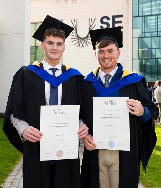 l-r Kevin Swayne from Portlaoise and Darragh O'Toole from Newbridge each graduated with a Bachelor of Arts (Honours) in Sports Management and Coaching