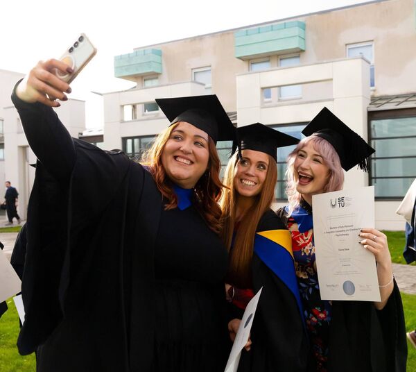 l-r Bairbre Firth from Dublin, Lisa Scannell from Kildare, and Diana Mare from Dublin pictured at SETU's conferring ceremonies in Carlow where they were each awarded with a Bachelor of Arts (Honours) in Integrative Counselling and Psychotherapy