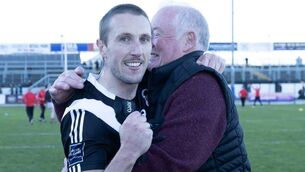 <p>Neil Flynn congratulated after Maynooth's Joe Mallon Motors Senior Football Championship semi-final win over Naas Photo: Sean Brilly</p>
